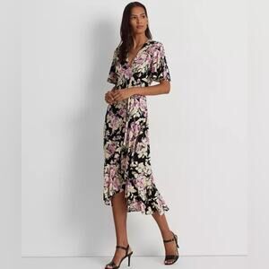 Ralph Lauren Floral Faux Wrap Hi Low V-Neck Wedding Guest Dress